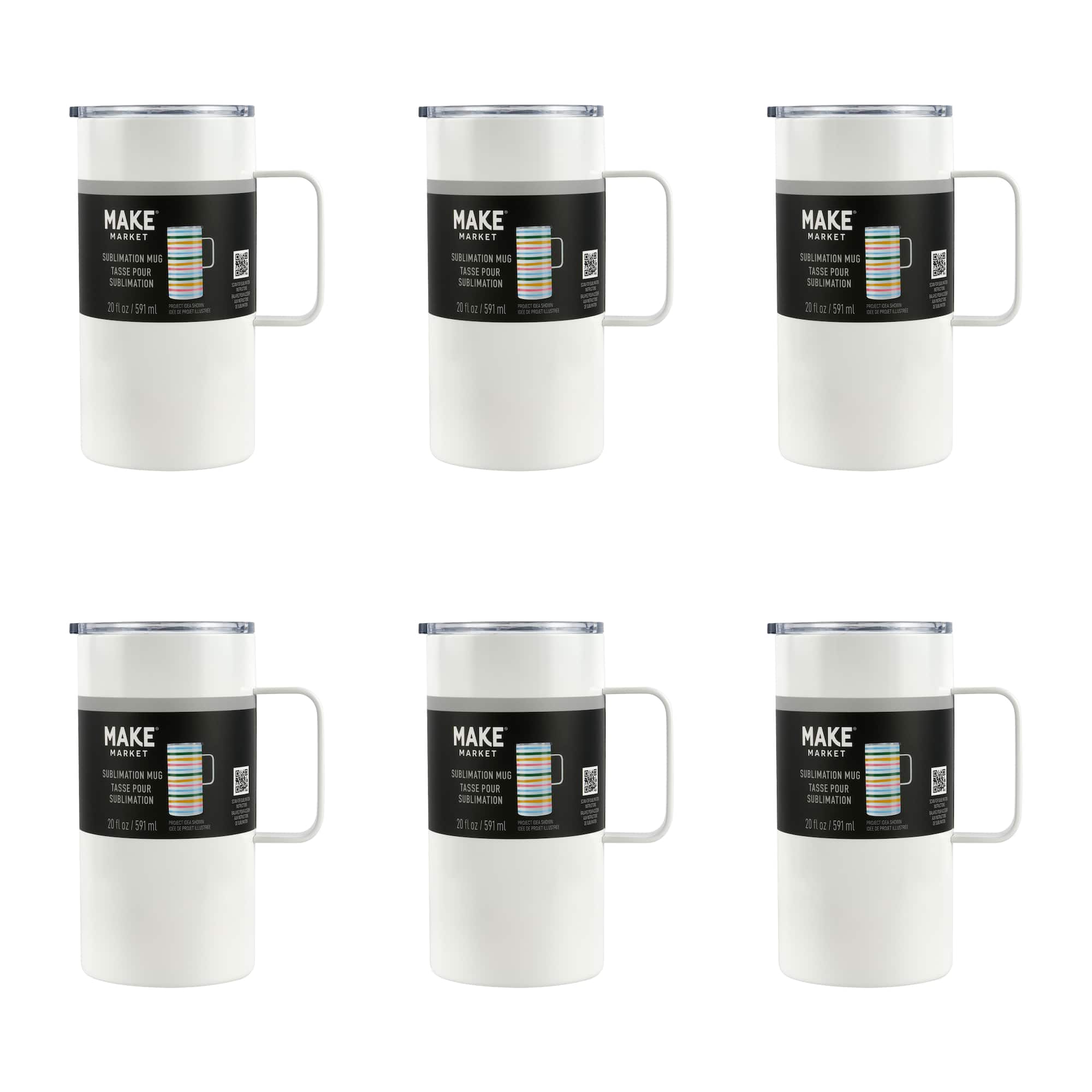 6 Pack: 20oz. White Stainless Steel Sublimation Mug with Lid by Make Market®